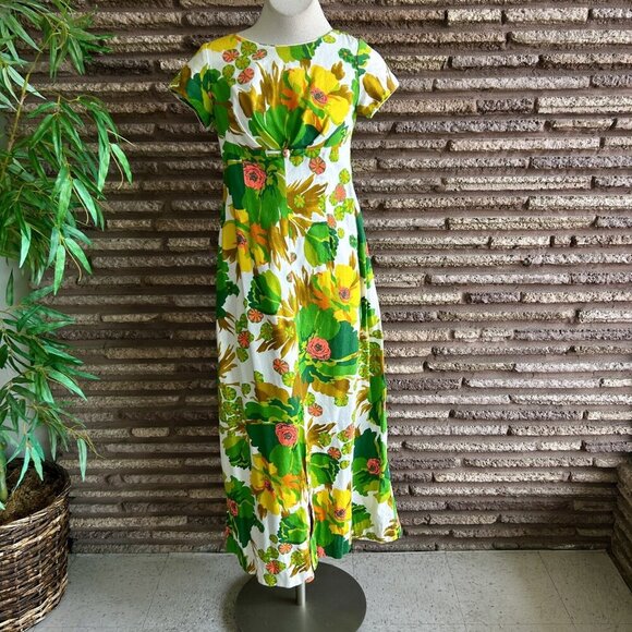 Alice Polynesian Fashions 60s Green Floral Tiki Barkcloth Maxi Dress Size Small - Picture 8 of 10